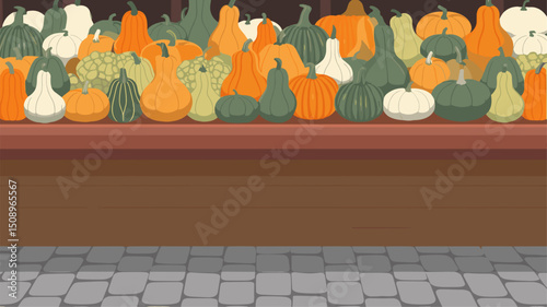 A vibrant collection of various pumpkins and gourds in seasonal colors, arranged neatly on a rustic wooden stall. Perfect for autumn themes.