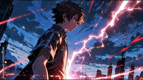 Anime hero amidst electric cityscape chaos