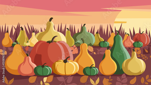 Explore a vibrant autumn landscape featuring a variety of pumpkins and gourds set against a setting sun. This colorful vector illustration captures the essence of fall harvest.