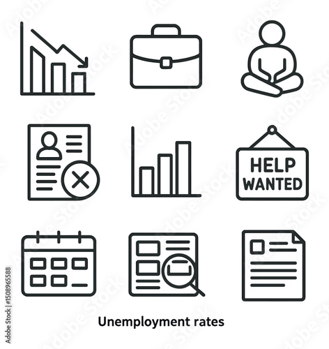 Unemployment Icons Overview. Outline icon set of unemployment rates: downward trend chart, empty