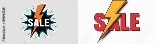 Two vibrant sale emblems featuring a striking lightning bolt design. Perfect for promotions, discounts, and marketing campaigns, these graphics convey urgency and excitement.
