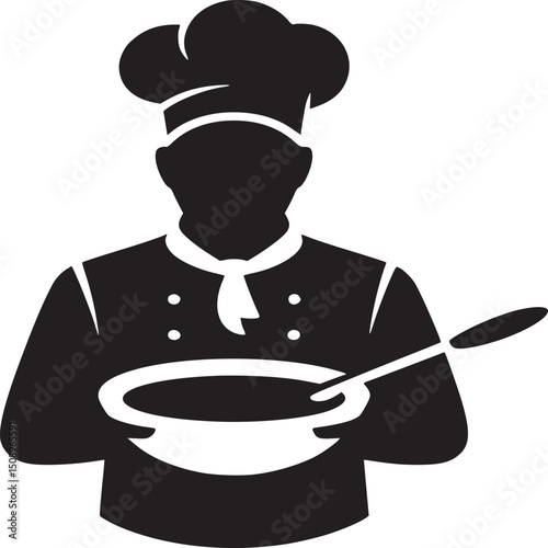 Silhouette of chef holding bowl with spoon isolated on white background in vector style art