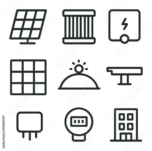 Solar Façade Icon Set. Outline icon set of solar-integrated façades: photovoltaic panel, solar thermal tube, inverter box, façade