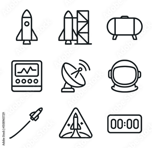 Space Innovation Icons. Outline icon set of rocket and space innovation: spacecraft silhouette, launch pad, fuel tank, control