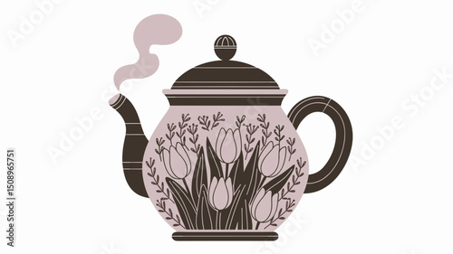 A beautiful vintage-style teapot adorned with a floral pattern featuring tulips. The subtle steam rising creates a warm and inviting atmosphere, perfect for cozy settings.