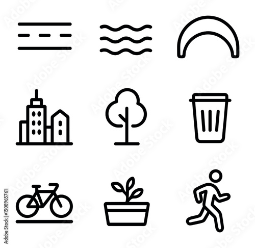 Urban Canal Icon Set. Outline icon set of urban canal stroll: pedestrian path, water ripple, arched