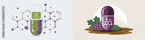 Explore the benefits of grape seed extract in this colorful vector illustration. Featuring capsules, grapes, and molecular structures, it's perfect for health and wellness themes.