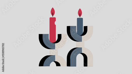 A modern and artistic illustration of two geometric candle holders featuring bold colors and wavy lines. Perfect for home decor design inspiration.