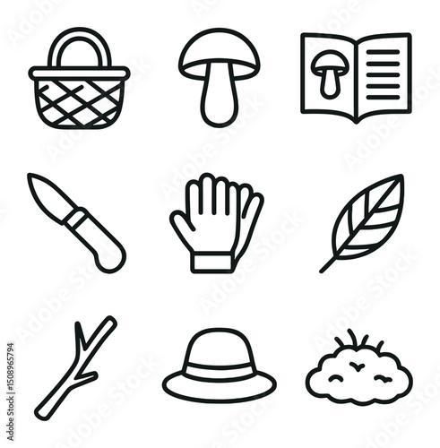 Mushroom Foraging Icons. Outline icon set of man foraging mushrooms: woven basket, mushroom cap, field guide, foraging knife,