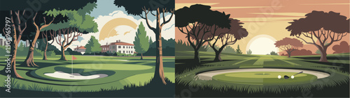 Explore vibrant vector illustrations showcasing a picturesque golf course. One scene captures day with a manicured green, while the other portrays a tranquil sunset of the same backdrop.