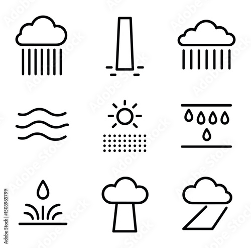 Rain and Light Icons. Outline icon set of rain shafts and shafts of light: rain curtain, vertical beam, mist layer, cloud veil,