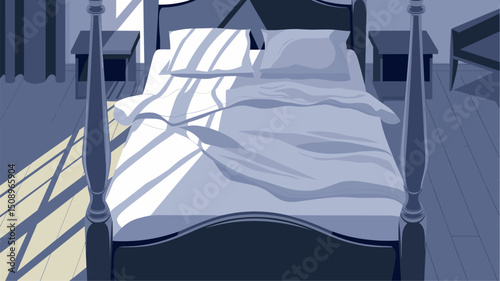 A serene vector illustration of a cozy bedroom featuring a stylish four-poster bed. Soft morning light filters through the windows, creating a calming atmosphere.