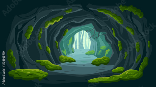 Explore a serene vector illustration of a cave entrance illuminated by soft light, surrounded by lush green moss and vibrant flora, inviting you into a mystical adventure in nature.