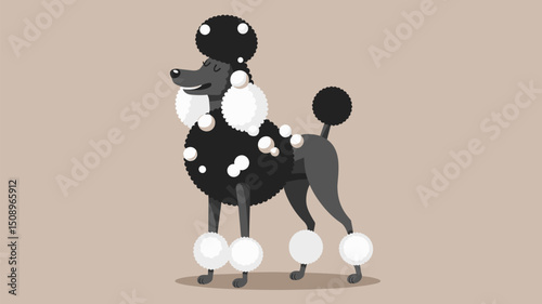 A charming illustration of a black and white poodle standing proudly. The dog features a fluffy coat adorned with playful pom-poms, showcasing a fun and whimsical design.