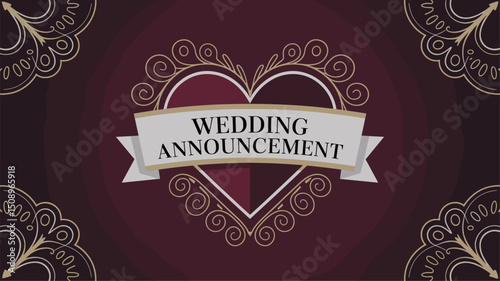 A beautifully designed wedding announcement template featuring a central heart motif and decorative swirls. Perfect for invitations or announcements with a romantic theme.