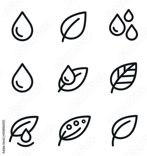 Raindrops on Leaves Icons. Outline icon set of raindrops on leaves: single droplet, leaf blade, droplet cluster, light catch, vein