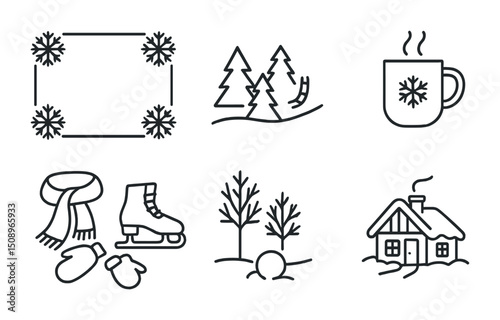 Winter icons set featuring cozy cabin, snowy trees, and cold weather elements