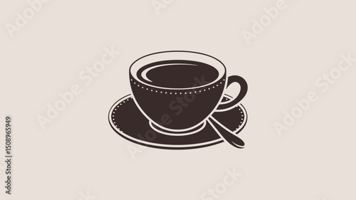 Stylish vector illustration of a coffee cup on a saucer with a spoon. Perfect for coffee-themed designs, menus, or branding.