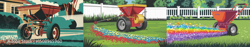 This vector image showcases vibrant lawn care equipment sprouting colorful materials across a green lawn. Perfect for gardening, landscaping, or home improvement themes.