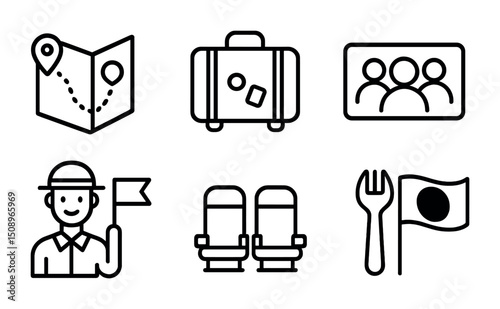 Travel and tourism icons for vacation and journey design projects