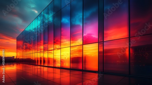 Fiery sunset reflected in modern glass architecture, creating an abstract theme. Brilliant colors and reflections evoke tranquility and peace. A vibrant sunset provides drama. (181 characters)