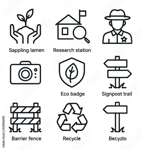 Rainforest Conservation Icons. Outline icon set of rainforest conservation efforts: sapling planting, research station, ranger