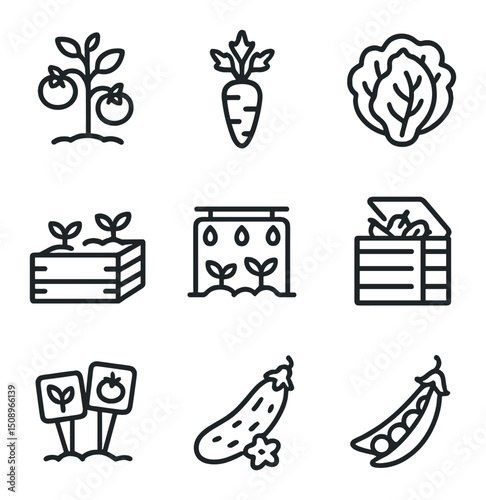 Vegetable Garden Icons. Outline icon set of gardening tools: trowel, pruning shears, garden fork,
