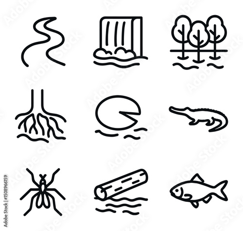 Rainforest River Icons. Outline icon set of rainforest river and water systems: meandering river, waterfall cascade, flooded