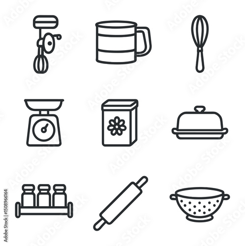 Vintage Cooking Icons. Outline icon set of vintage cooking tools: hand mixer, flour sifter, egg