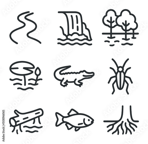 Rainforest River Icons. Outline icon set of rainforest river and water systems: meandering river, waterfall cascade, flooded