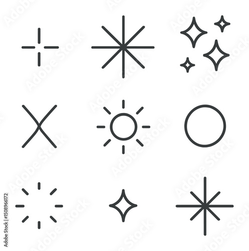 Starburst Icon Set. Outline icon set of starburst effects: central point, radiating spikes, sparkle cluster, twinkle star, burst