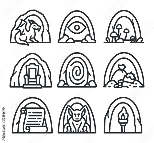 Mythical Caves Icons. Outline icon set of mythological caves: dragon lair entrance, cyclops eye, fairy circle, underground throne,