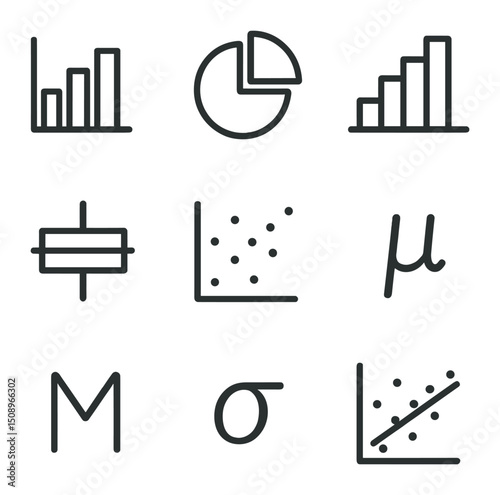 Statistical Chart Icons. Outline icon set of statistical charts and measures: bar chart, pie chart, histogram, box plot, scatter