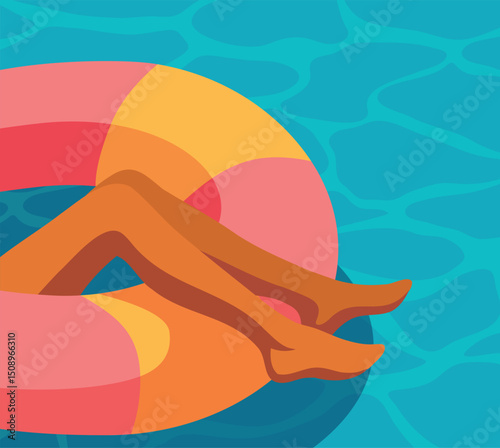 Summer vacation. Vector flat illustration of tanned female legs on a bright circle in the pool. Summer rest, relaxation, fun, vacation by the water. For tourism projects, summer vacation, travel blogs