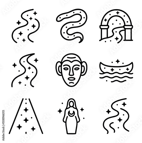 Mythical Icons Collection. Outline icon set of mythological representations: galaxy river curve, cosmic serpent line, Milky Way