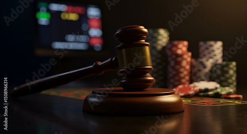 Online Gambling Regulation, Gavel symbolizing legal control online casino, gambling. Blurred laptop screen with casino game. Poker chips, money stack. Concept of law, risk, luck, crime, bet