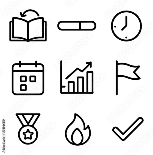 Reading Habits Icons. Outline icon set of reading habits analytics: page-turn counter, reading progress bar, clock timer, calendar