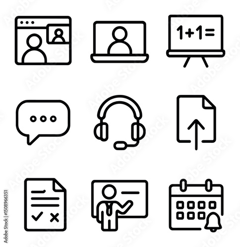Virtual Classroom Icons. Outline icon set of virtual classrooms: video call window, laptop with