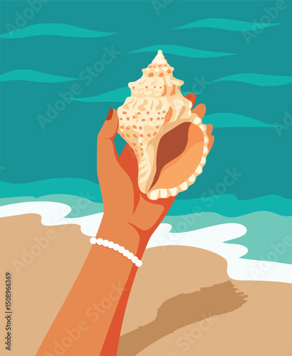  Summer vacation. Vector illustration of a hand holding a big beautiful shell on the beach. Vacation, nature details, coastal aesthetics. For tourism projects, summer vacations, travel blogs