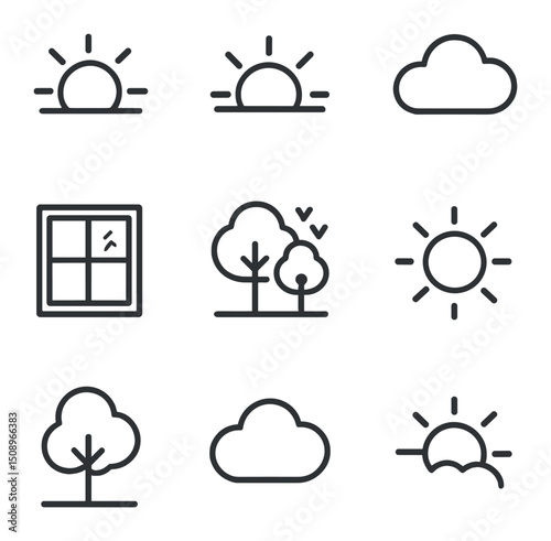 Natural Light Icons. Outline icon set of natural soft light: sunrise glow, sunset glow, overcast cloud, window light, forest
