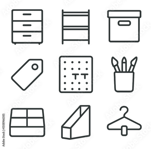 Storage Icons Collection. Outline icon set of storage and organization: drawer unit, shelf rack, storage box, label tag, pegboard,