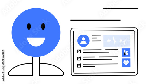 Blue smiling figure next to digital health profile on tablet displaying heart data, checklists, and icons. Ideal for healthcare, fitness, wellness tracking, telemedicine, user interface, digital