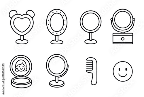 Set of outline vanity mirrors and styling tools for beauty design