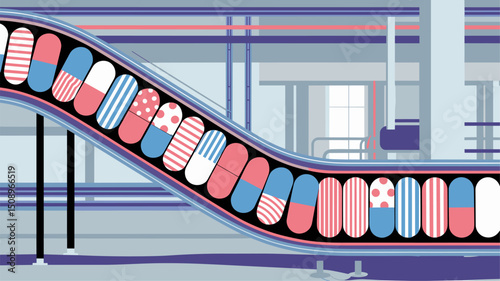 An illustration of colorful capsules moving along a conveyor belt, depicting a vibrant pharmaceutical production line in a modern factory setting with industrial elements.