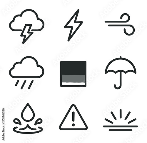 Storm Icon Set. Outline icon set of stormy horizons: thundercloud, lightning bolt, wind swirl, rain shaft, dark sky gradient,