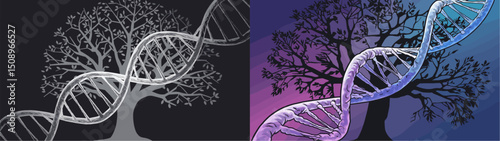 A creative blend of a tree silhouette and a DNA helix, symbolizing the connection between life, nature, and genetics. Ideal for biology, ecology, and healthcare themes.