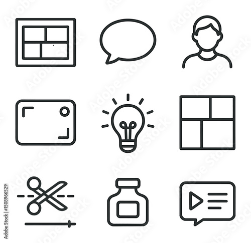 Visual Storytelling Icons. Outline icon set of visual storytelling: storyboard panel, speech bubble,