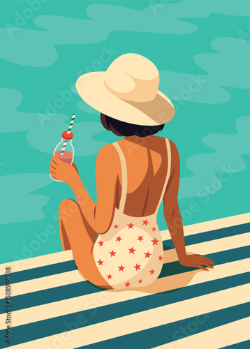 Vector flat illustration of a girl woman on vacation in a swimsuit with a cocktail drink by the pool. Summer vacation, relaxation, beach, sun. For tourism and travel projects