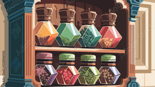 A charming display of colorful hexagonal spice jars on a vintage shelf, showcasing a variety of herbs and spices. Perfect for culinary themes and kitchen decor.