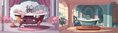 Discover two stunning bathtubs in luxurious environments, one with a cozy, cloud-like ambiance and the other bathed in sunlight and greenery. Perfect for relaxation visuals.